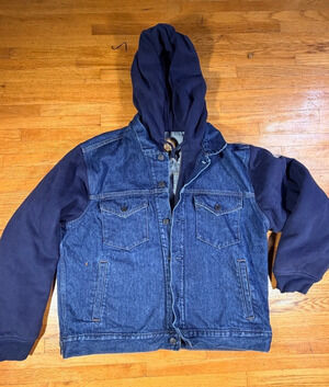 Gap Men’s Large Denim Trucker Hoodie Jacket Blue Sweatshirt Sleeves Layered